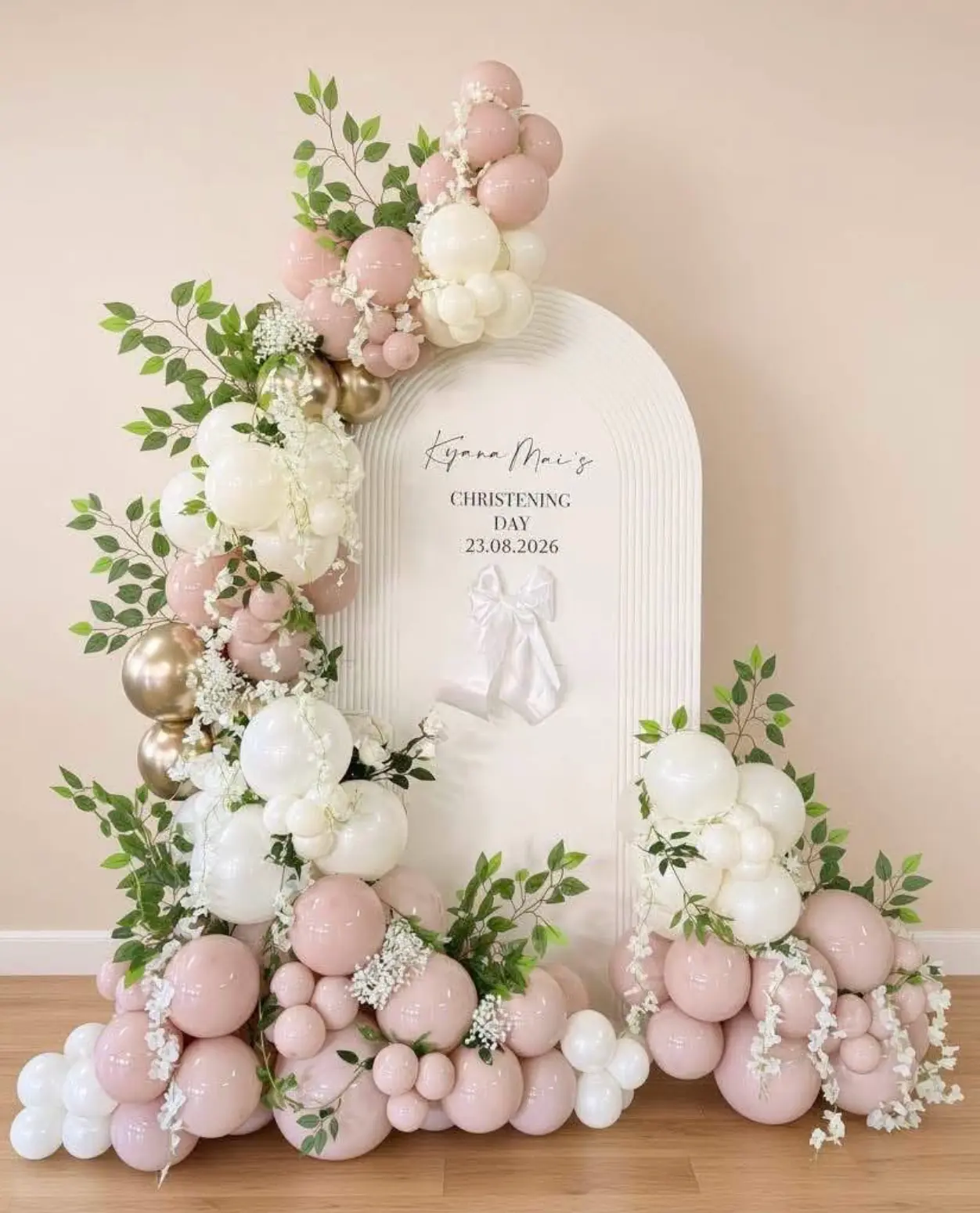 Blush and white christening display